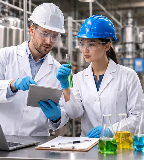 Especialistas en riesgo químico analizando muestras en laboratorio