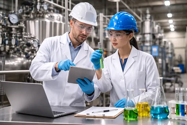 Especialistas evaluando muestras de agentes químicos en laboratorio