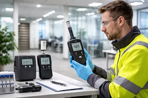 Profesional leyendo un analizador portátil de gases