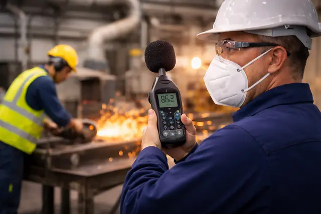 Profesional con sonómetro midiendo ruido en una planta industrial